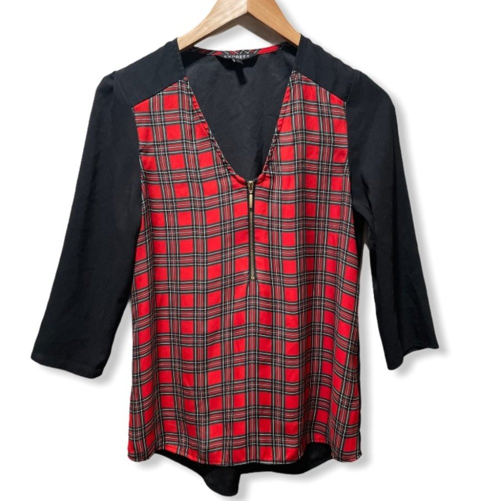 {Express} Red Plaid Raglan Zip Front V-neck Blouse